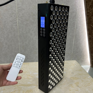 NovaRed 600W red light therapy panel with LCD display, 120 LEDs, hanging hooks and pulley system, compact near-infrared device